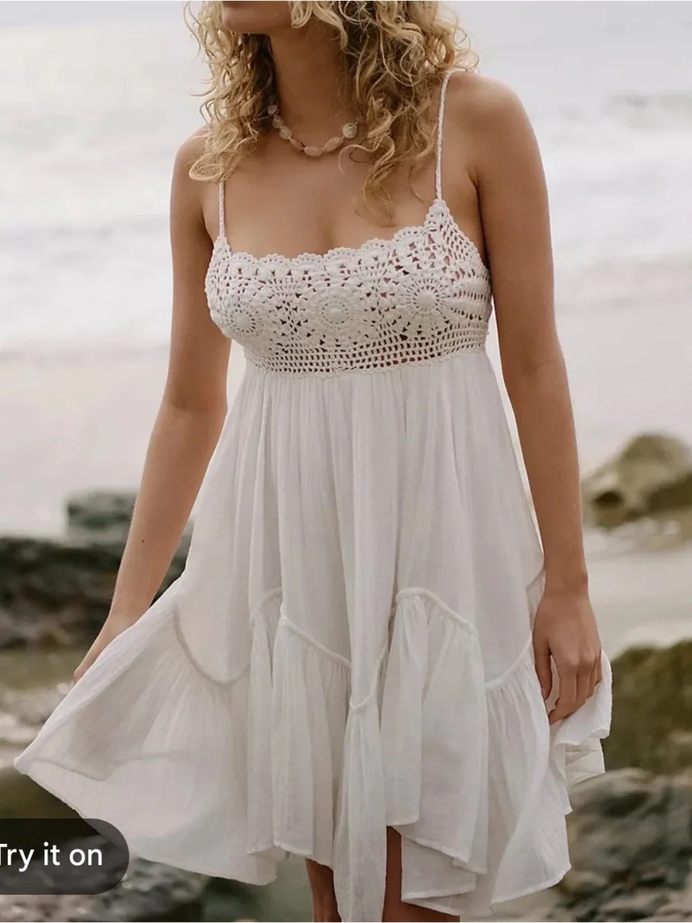Free People White Crochet Bodice Tiered Mini Dress sz small
